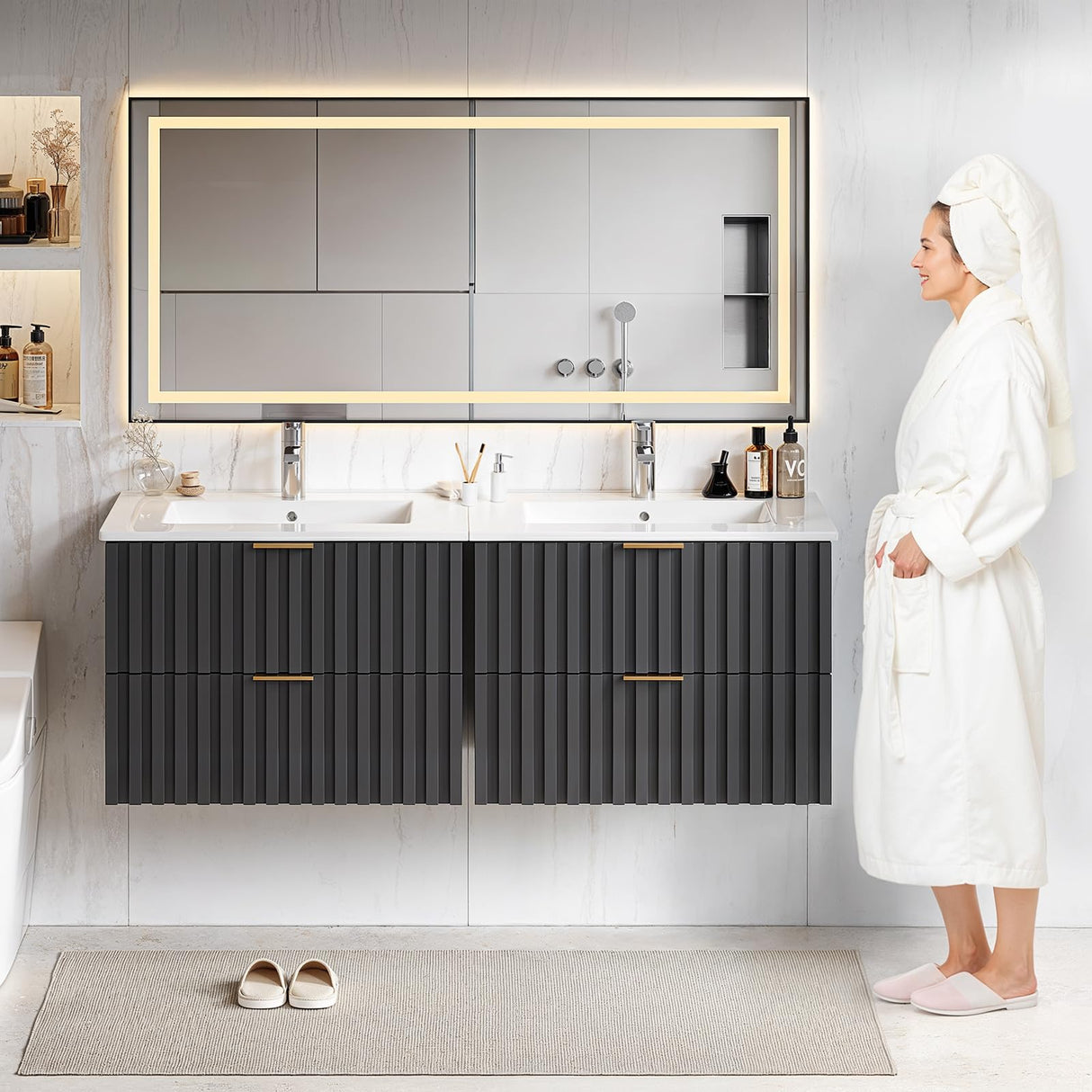 ONBRILL 24 Inch Bathroom Vanity with Sink Combo, Floating Bathroom Vanity with 2 Fluted Drawer & Metal Handles, Modern Wall Mount Bathroom Cabinet with Ceramic Integrated Sink for Small Space (Black) ONBRILL