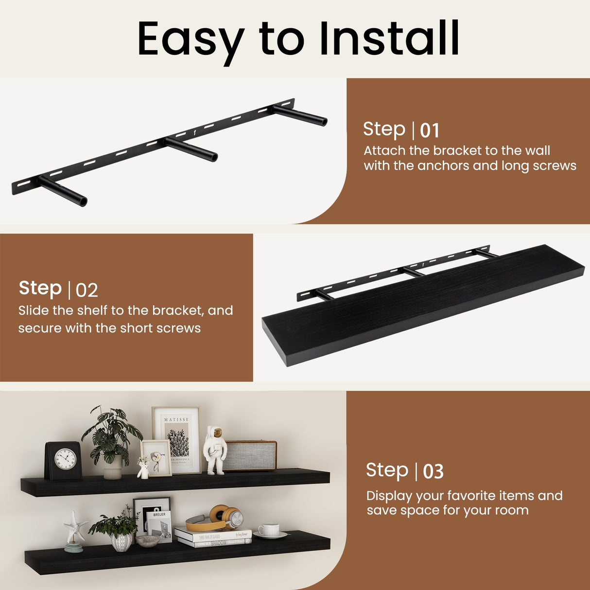 Fun Memories Floating Shelves 48 Inch Long, 9.3 Inch Deep Wall Shelf Fireplace Mantel, Rustic Farmhouse Solid Wood Shelves for Wall Decor Bathroom, Kitchen, Office, Black, Set of 1 Fun Memories