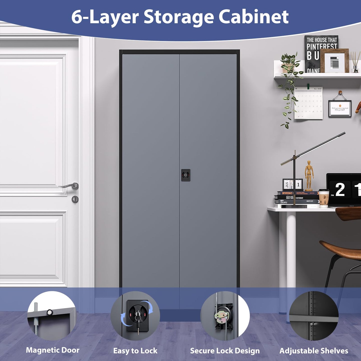 LISSIMO Metal Garage Storage Cabinet,71" H Tall Tool Cabinet with 2 Doors and 5 Adjustbale Shelves,Lockable Tool Cabinet for Garage,Basement,Home Office