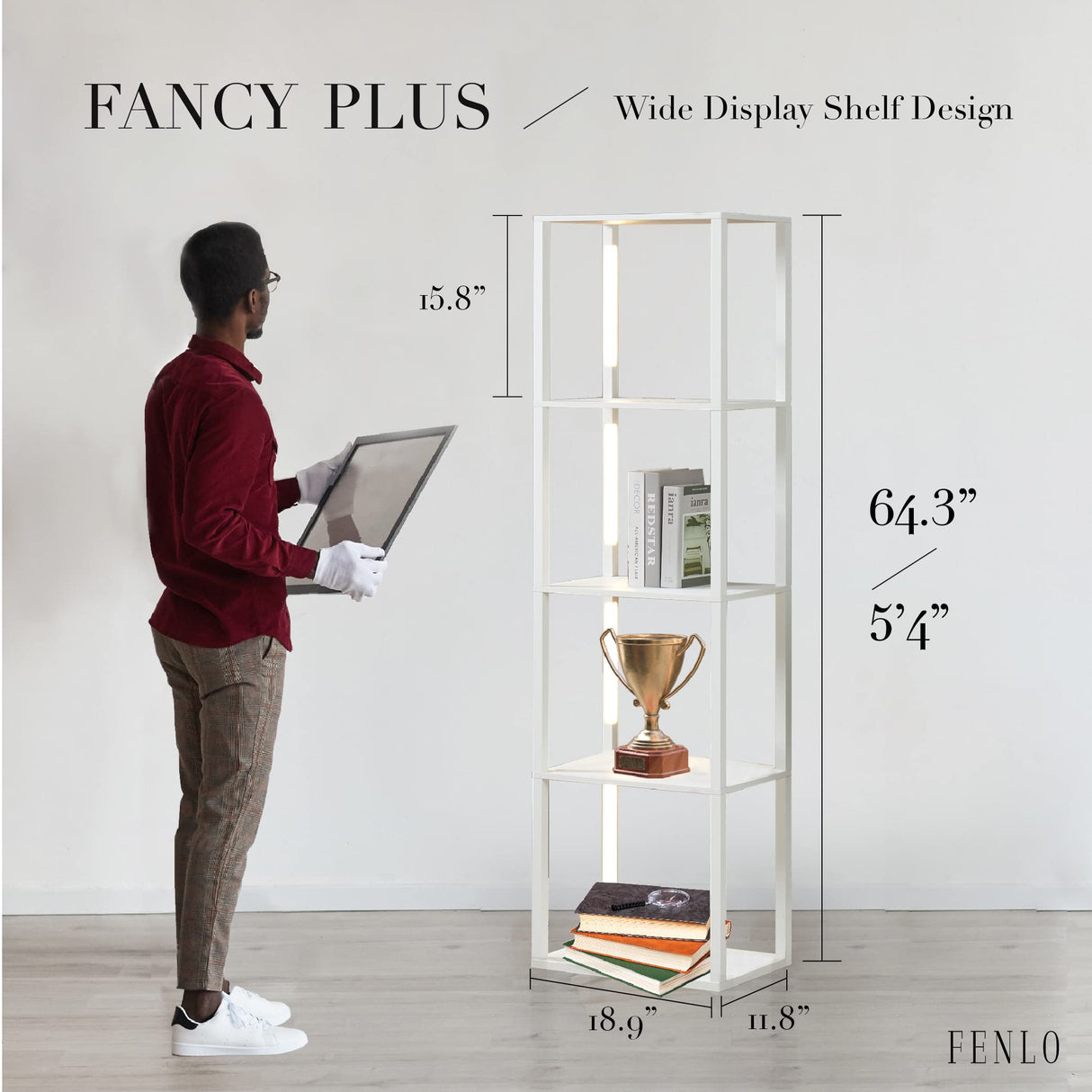FENLO Fancy - LED Display Shelf with Dimmable Lights, LED Floor Lamps for Living Room, Sturdy Corner Curio Cabinet Display, Tall Floor Lamps with Shelves FENLO