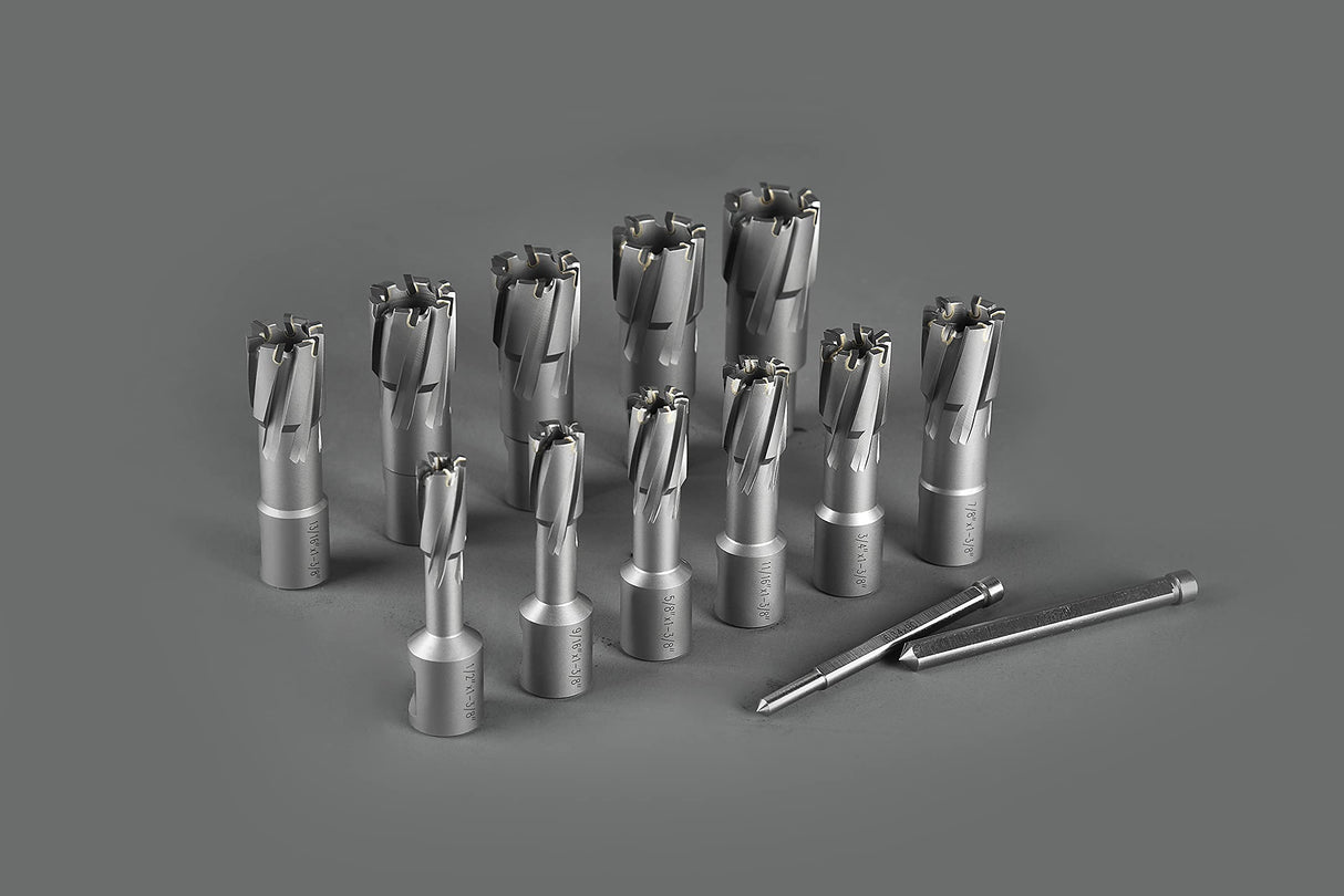 Annular Cutter Set Carbide TCT 13 pcs JESTUOUS 3/4 Inch Weldon Shank 1-3/8 Cutting Depth and Cutting Diameter from 1/2 to 1-1/8 Two Flat Bit for Drill Press with 2 Pilot Pins JESTUOUS
