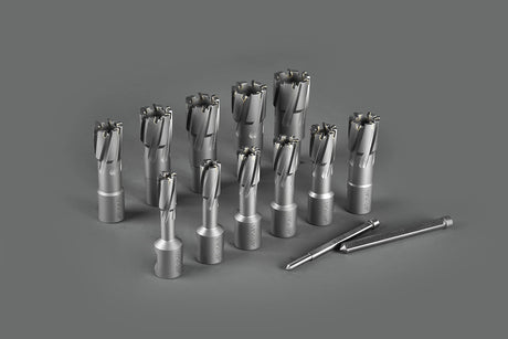Annular Cutter Set Carbide TCT 13 pcs JESTUOUS 3/4 Inch Weldon Shank 1-3/8 Cutting Depth and Cutting Diameter from 1/2 to 1-1/8 Two Flat Bit for Drill Press with 2 Pilot Pins JESTUOUS