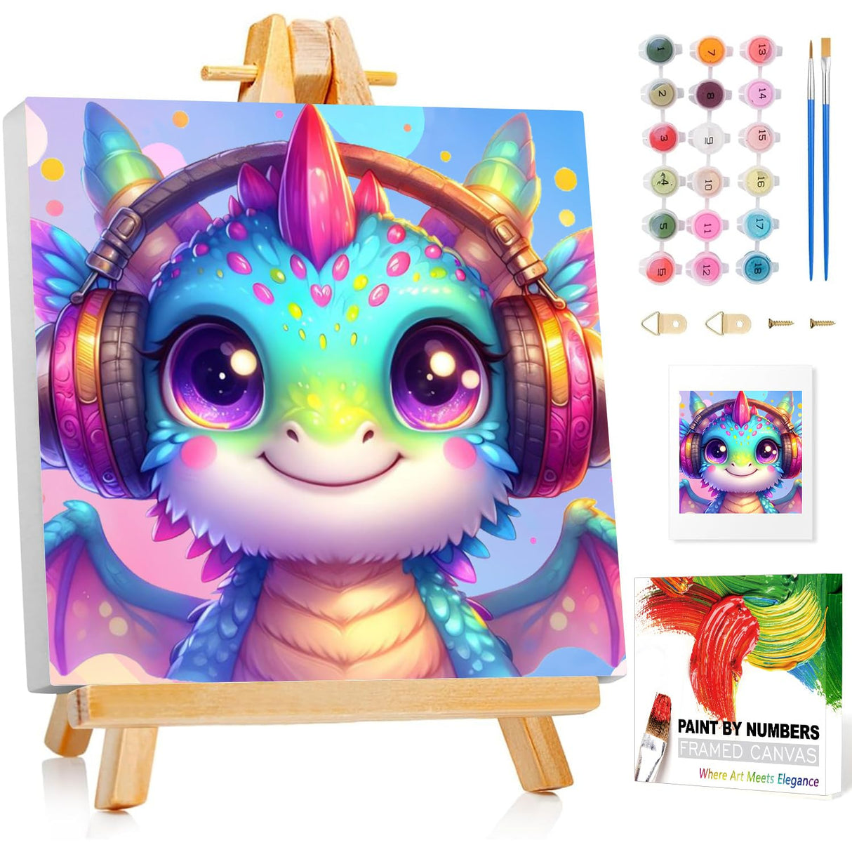 Reivworl Paint by Numbers Kit for Kids with Frame and Easel, Dragon Paint by Number Kids Age 5-8-12, Paint by Numbers Gifts and Home Decor (8X8 Inch) Reivworl