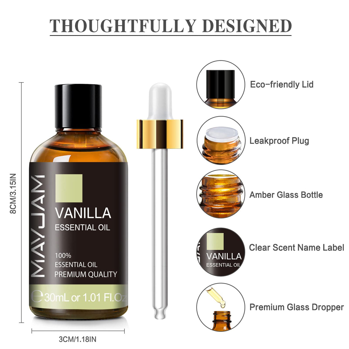 Vanilla Essential Oil 30ml/1.01fl.oz, MAYJAM Premium Vanilla Oils for Aromatherapy, Diffuser, Soap Making, Candle Making, Long Lasting Scents MAYJAM