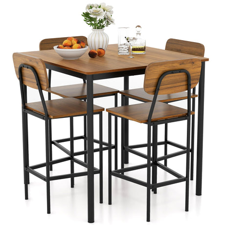 Giantex 5-Piece Dining Table Set W/Counter Height Table & 4 Bar Stools, Industrial Kitchen Dining Table Set W/Footrest & Backrest, Space-Saving Dinette Set for Pub, Dining Room, Restaurant (Walnut) Giantex