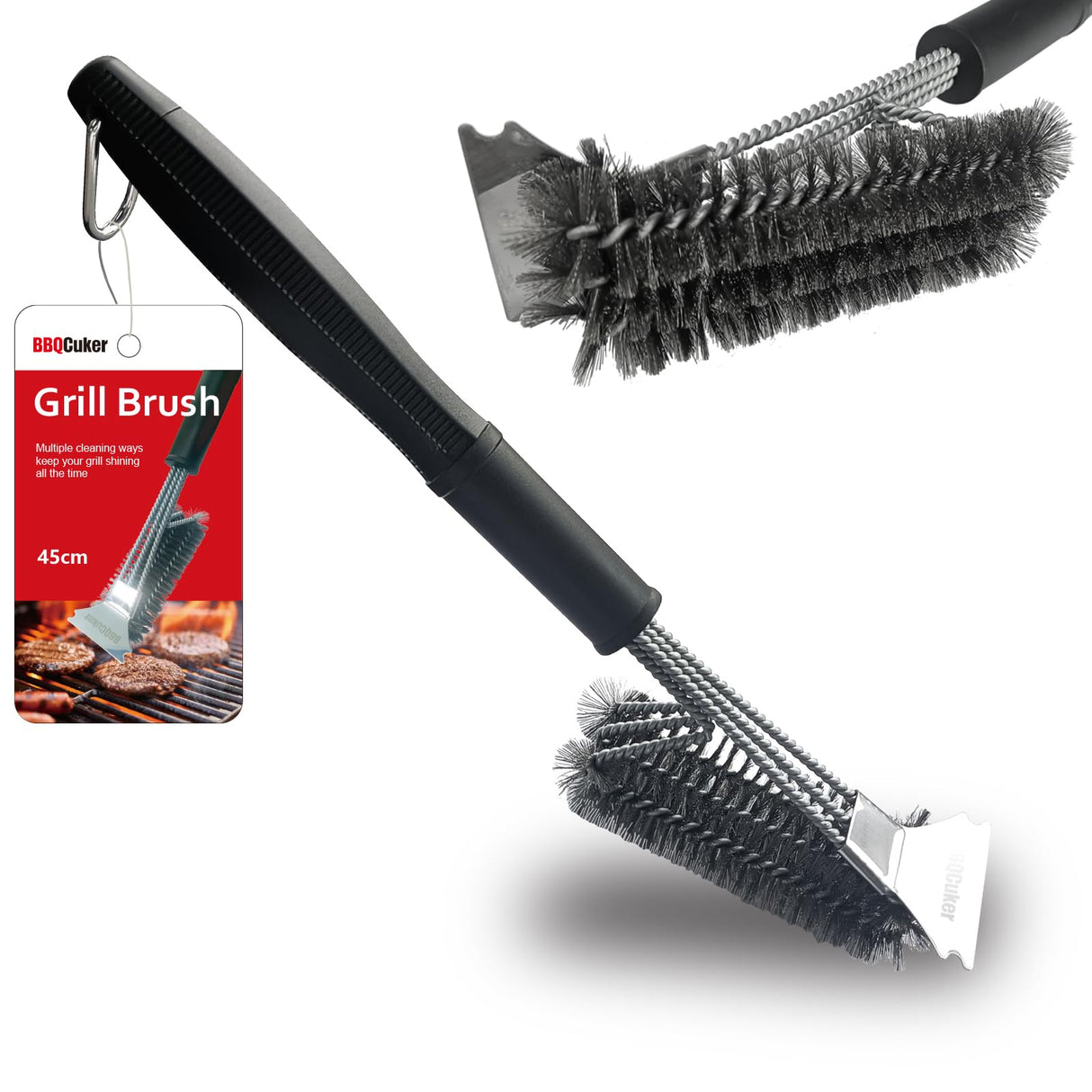 BBQcuker Grill Brush with Scraper, BBQ Cleaning Brush for Outdoor Grill, Grill Cleaner with Stainless Steel Scraper and Bristles,18" Grill Accessories with Stainless Steel Hanger and Plastic Handle BBQCuker