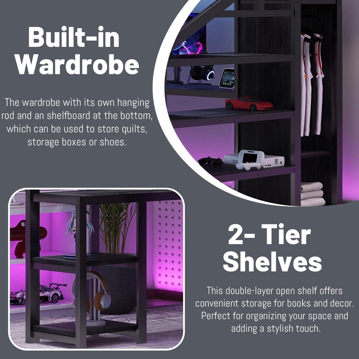 MoproBeti Queen Size Loft Bed with Desk and Stairs,Metal Gaming Loft Bed Queen with Wardrobe and Shelf, High Loft Bed with LED & USB Charging Station for Teens, Adults, Space Saving Design,Black MoproBeti