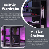 Queen Size Loft Bed with Desk,Metal Heavy Duty Queen Loft Beds with Stairs,Wardrobe and Shelves, High Gaming LoftBed with LED Light and USB Charging Station for Adults,Teens, Black Mirightone