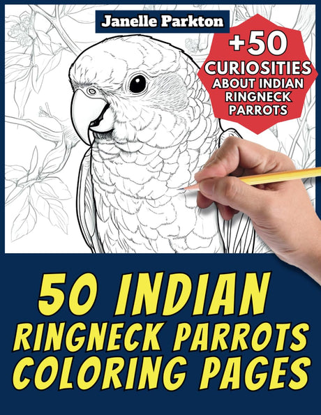 50 Indian Ringneck Parrots Coloring Pages Book for Kids and Adults: +50 Incredible Facts. Coloring Book for Children and Grown-Ups. Color and Learn with Janelle - Animals - Vol. 289 Majosta