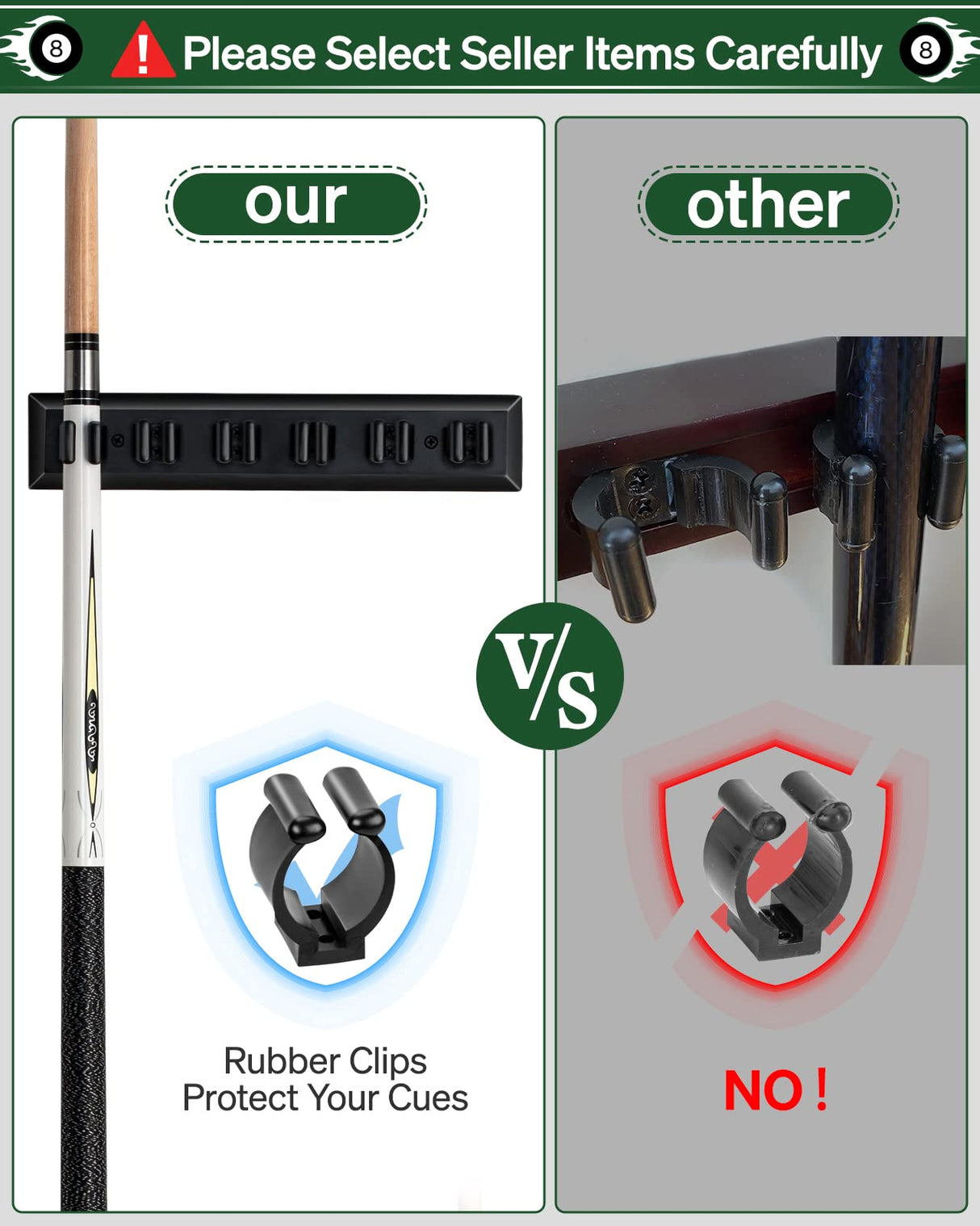 EXTCCT Wall Mount Pool Stick Holder - Billiards Pool Cue Rack Hardwood Pool Cue Set Holder for 6 Cues Sticks Storage Pool Table Accessories Equipment Organizer EXTCCT