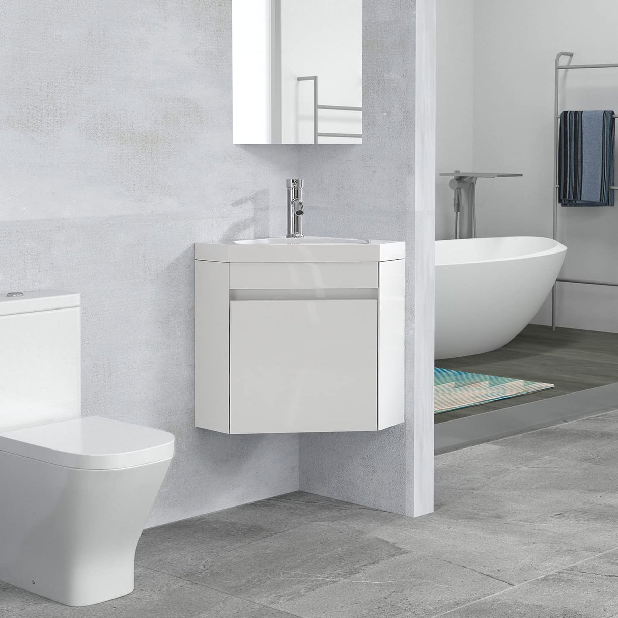 wonline 16" Corner Bathroom Vanity Sink Combo for Small Space Wall Mounted Cabinet Set Design White Resin Basin Sink Top Chrome Faucet and Drain wonline