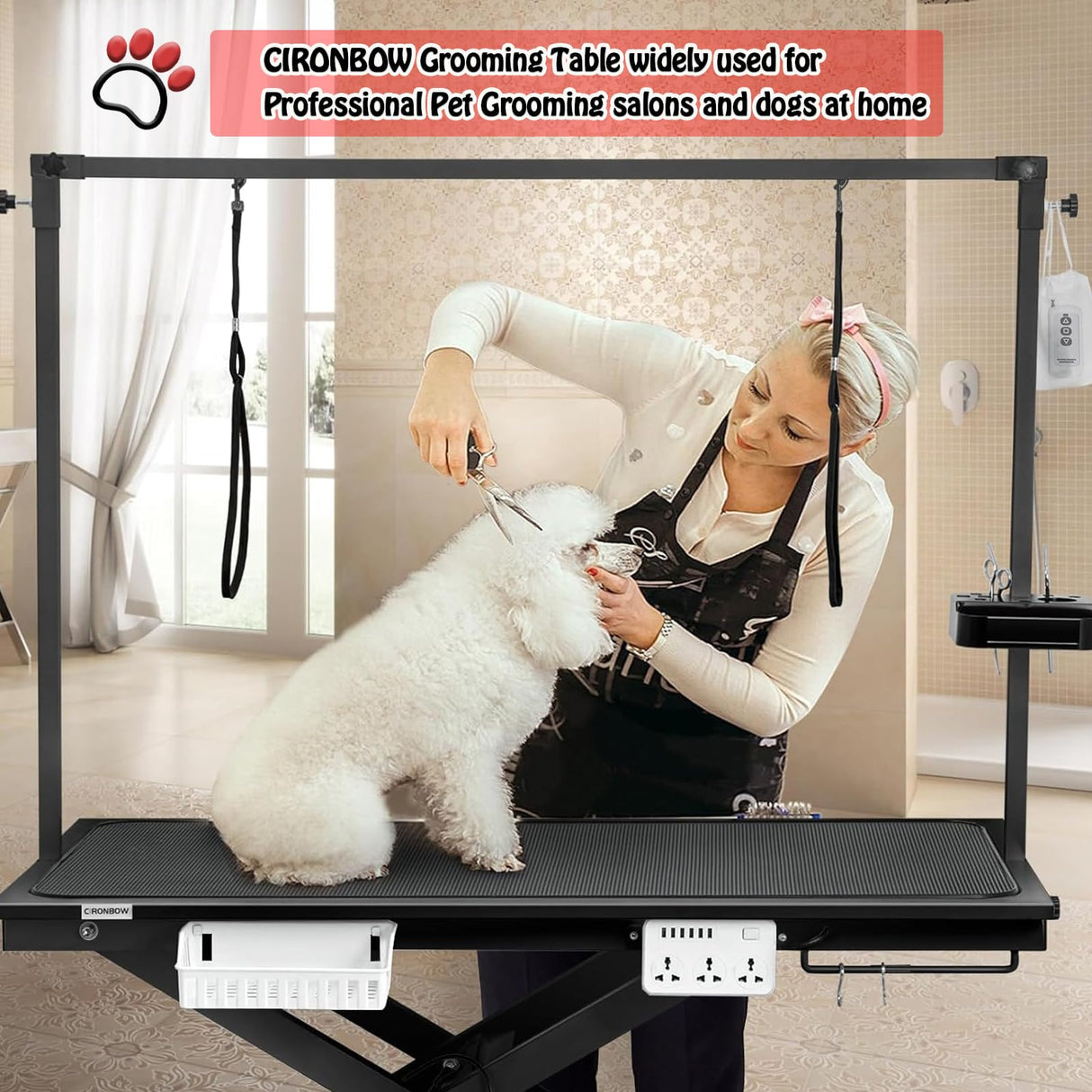 CIRONBOW 50'' Electric Dog Grooming Table, Adjustable X Lift Heavy Duty Dog Grooming Table for Large Dogs with Anti-Skid Tabletop & Grooming Scissors & Wireless Remote &Tool Organizer & Arms, Black CIRONBOW