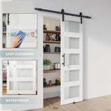 ALAMEDADT 26'' x 84'' Glass Barn Door and 5 Ft Hardware Kit Included, MDF White Barn Door Slab with Frosted Glass, PVC Surface, Combined with Handle and Floor Guide-Assembly Required, White ALAMEDADT