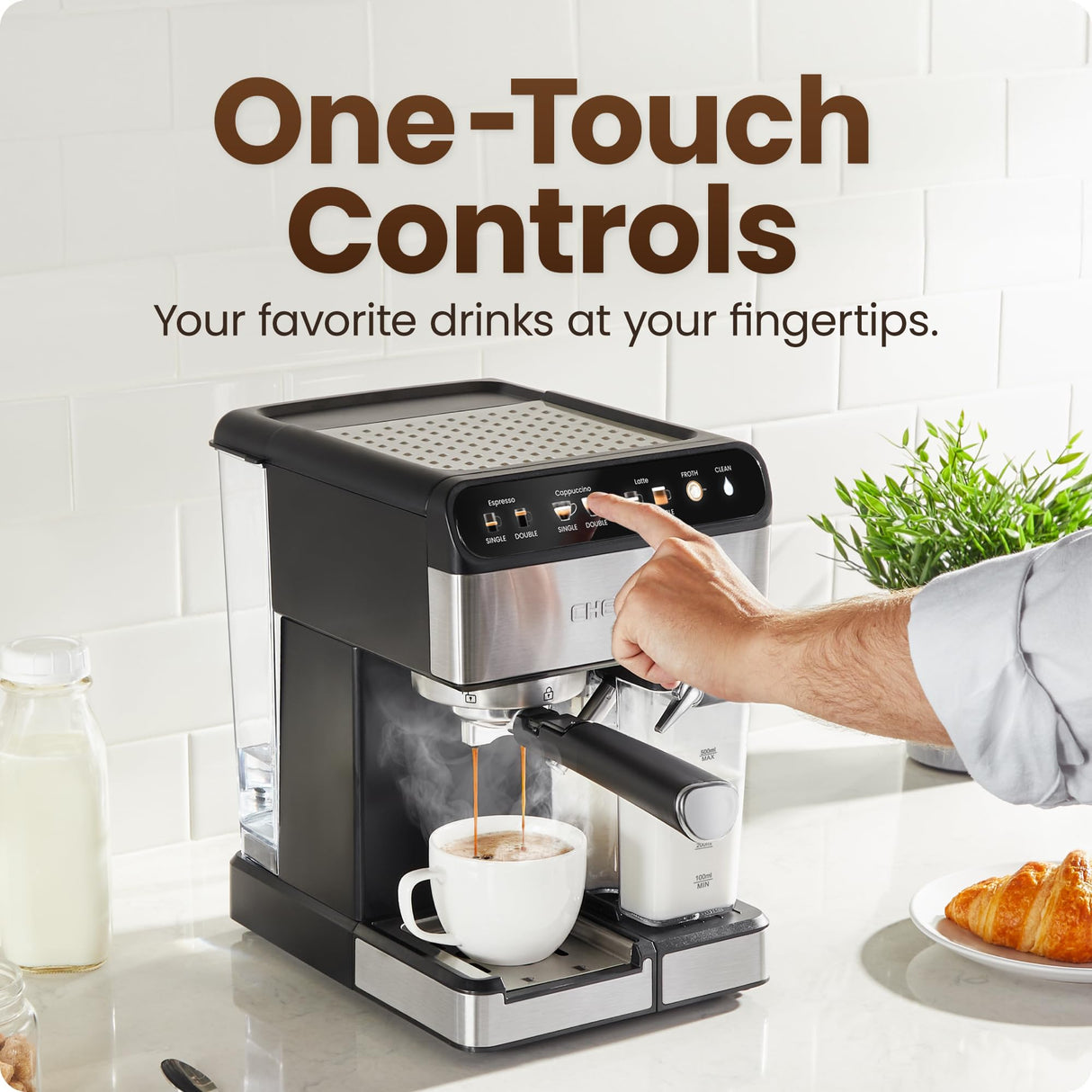 Chefman CaféMaster Pro Espresso Machine, Brew Single or Double Shots, Coffee Maker with Built-In Milk Frother for Cappuccino & Latte, XL 1.8 Liter Removable Water Reservoir - Stainless Steel Chefman