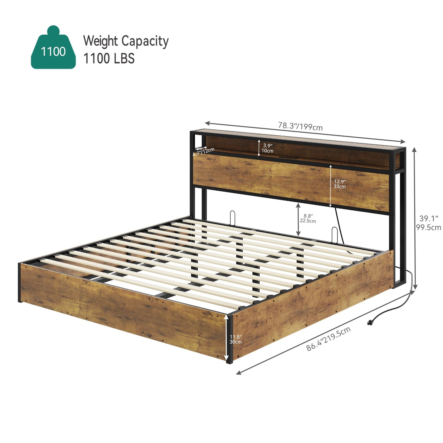 DWVO King Size Lift-Up Storage Bed Frame with Bookcase Headboard and LED Lighting in Rustic Brown - WoodArtSupply