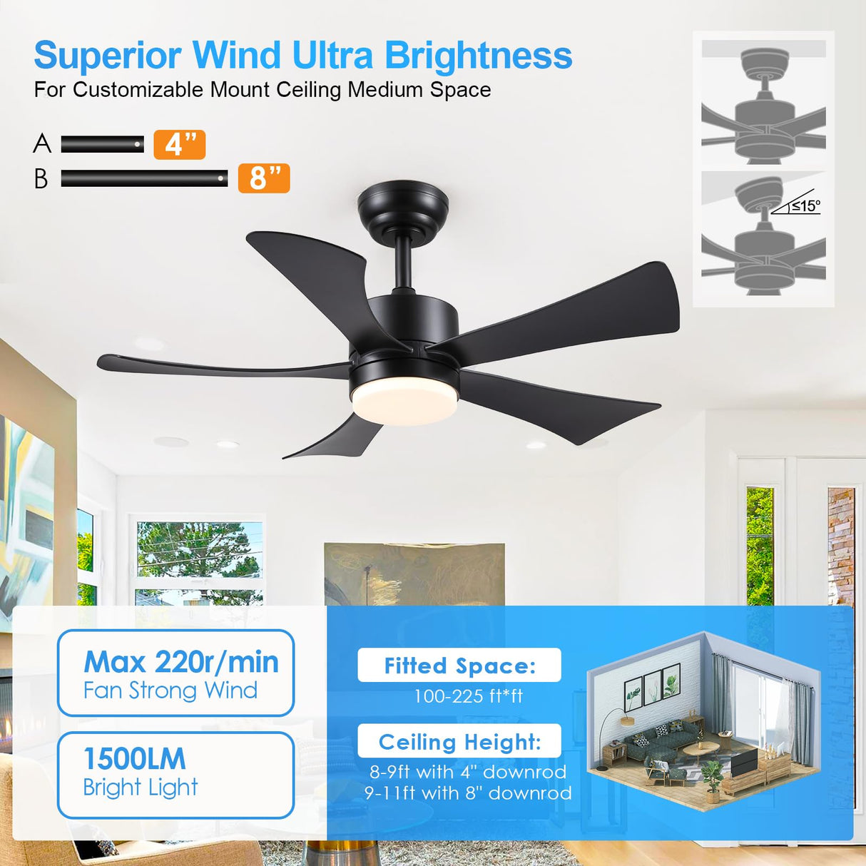 42 inch Ceiling Fans with Lights, Modern Black Ceiling Fan with Remote Control App, DC Motor Quiet, 3CCT Dimmable Memory, Led Sloped Flat Ceiling Fan with Light for Bedroom Indoor&Outdoor Patio BayDay
