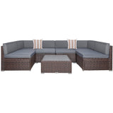 7 Piece Outdoor Patio Furniture Sets with Cushions, Outdoor PE Rattan Wicker Sectional Conversation Patio Couch Sofa Set with Coffee Table, for Garden, Deck, Poolside, Gray Welpatio