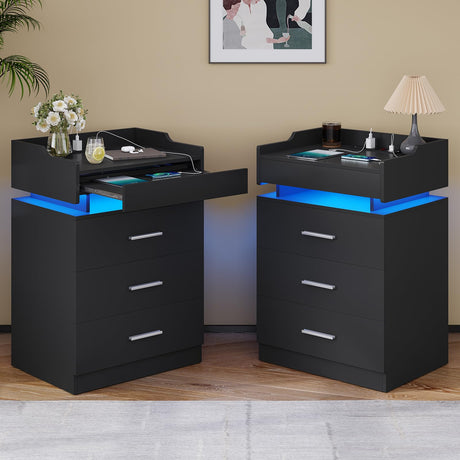 BTHFST LED Nightstand Set of 2, Large Night Stand with Charging Station, Bedside Table with Pull-Out Shelf and 3 Drawers, Modern End Table Side Table with Storage, Black BTHFST