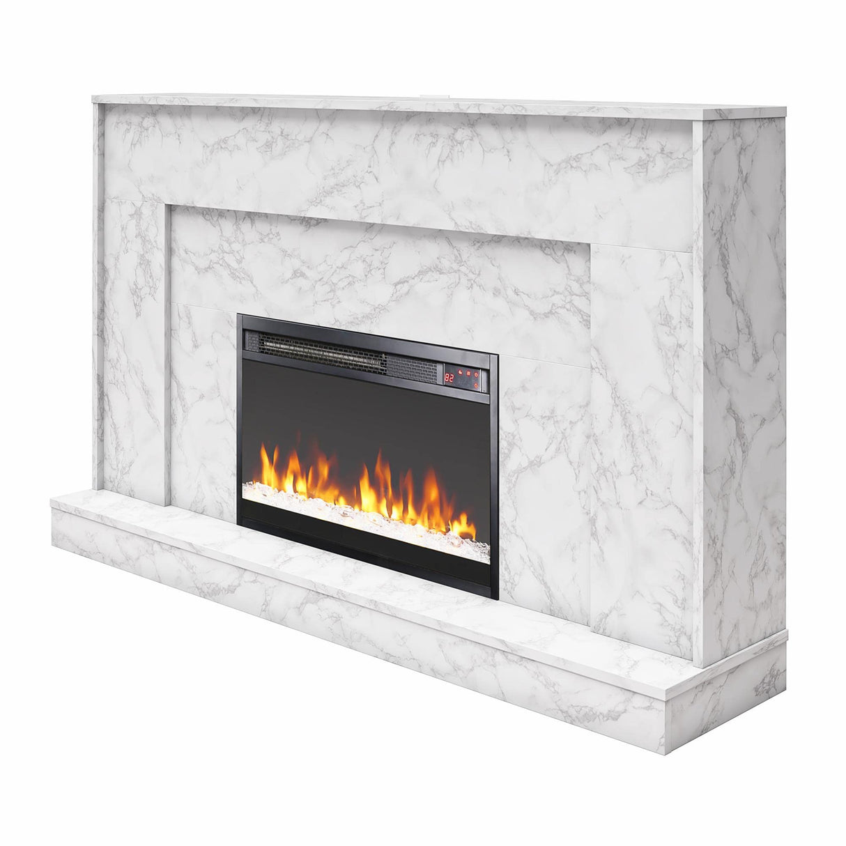 CosmoLiving by Cosmopolitan Liberty 52 Inch Electric Fireplace with Mantel, Replaceable Fireplace Insert Heater, Remote Control, Timer, Color Changing Crystal Ember Flames, White Marble CosmoLiving by Cosmopolitan