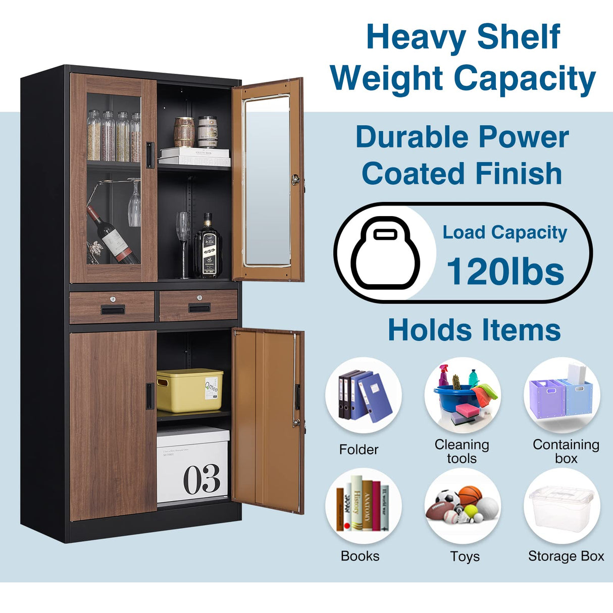 PEUKC Kitchen Pantry Cabinet, 71" Freestanding Kitchen Pantry Storage Cabinet with Drawer and Adjustable Shelves, Metal Tall Pantry Cabinet Cupborad with Glasses Doors, Wood Color PEUKC