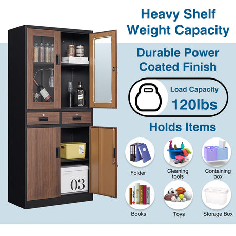 PEUKC Kitchen Pantry Cabinet, 71" Freestanding Kitchen Pantry Storage Cabinet with Drawer and Adjustable Shelves, Metal Tall Pantry Cabinet Cupborad with Glasses Doors, Wood Color PEUKC