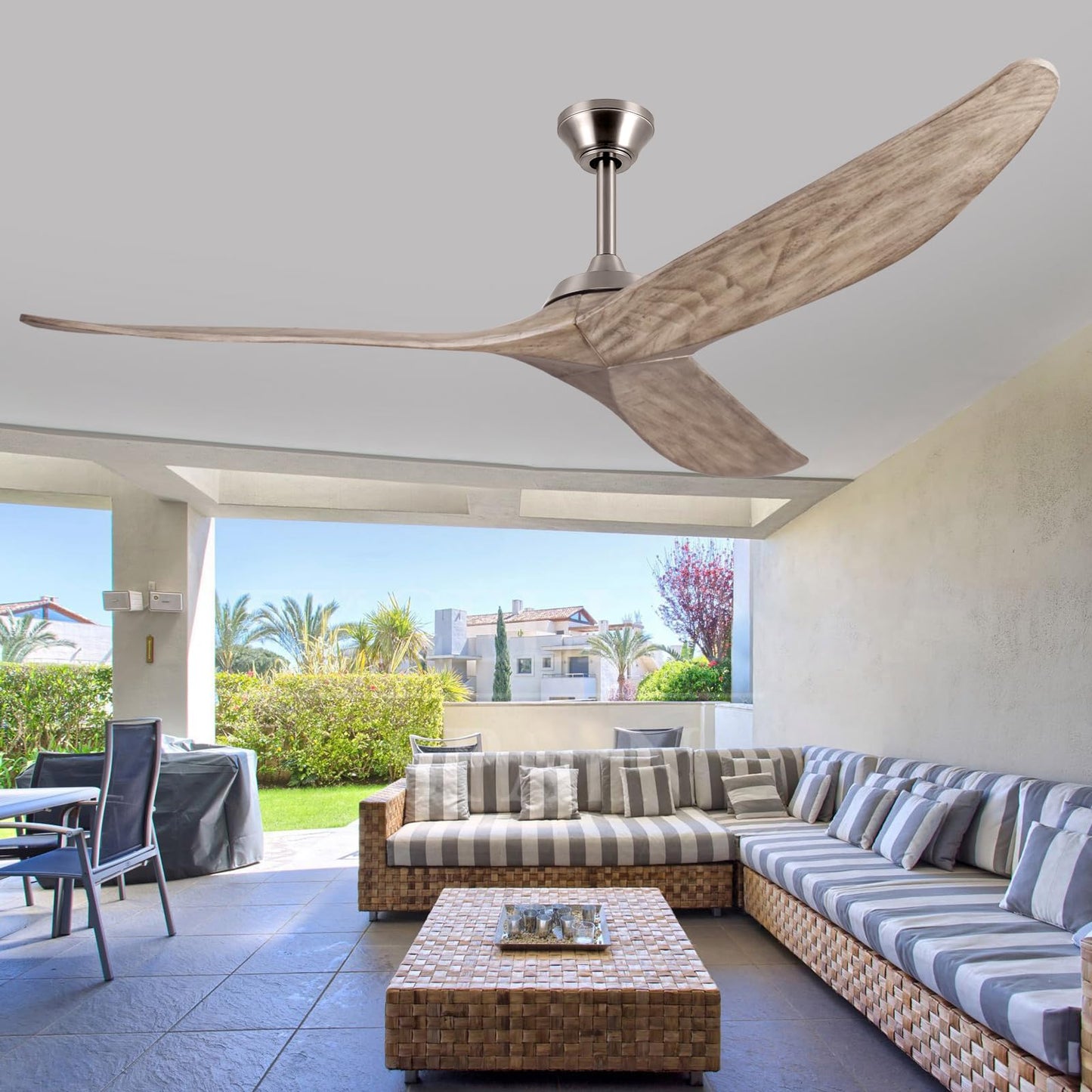 NWIASS 60 Inch Ceiling Fan No Light, Large Outdoor Ceiling Fan without Light with Remote, Premium Grey 3 Blade Solid Wood Ceiling Fan-Brushed Nickel, Modern Quiet DC Ceiling Fan for Patio Exterior