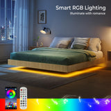 Tatub Natural King Floating Bed Frame with LED Lights, Modern Fluted Oak Platform Bed Frame Floating, Heavy Duty Metal Slats, No Box Spring Required Tatub