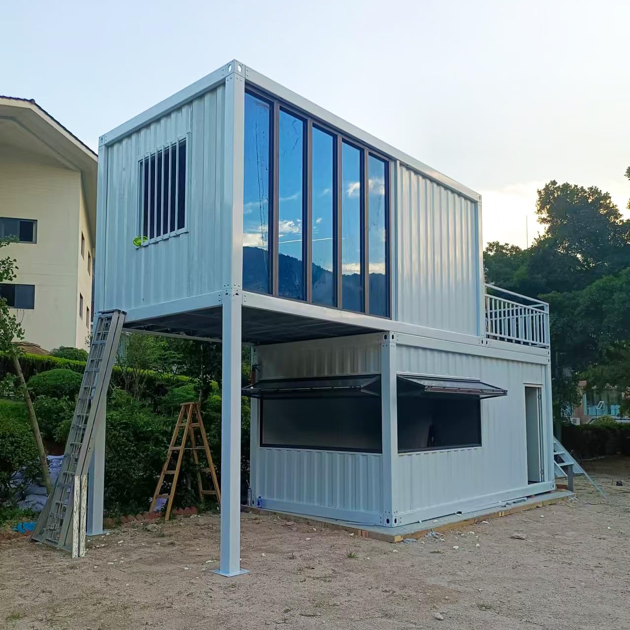 Double Story Fully Equipped Bathroom 2 bedrooms prefab Expandable Container House Luxury Tiny Homes to Live in for Adults Mini Mobile Modular Guest Homes kit with Stair Terrace guardrail - WoodArtSupply