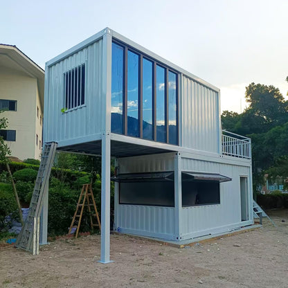 Double Story Fully Equipped Bathroom 2 bedrooms prefab Expandable Container House Luxury Tiny Homes to Live in for Adults Mini Mobile Modular Guest Homes kit with Stair Terrace guardrail - WoodArtSupply