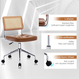 Zesthouse Mid Century Home Office Chair Leather Desk Chair with Rattan Back, Vanity Chair for Girls Women, Upholstered Swivel Chair, Adjustable Height Computer Task Chair Zesthouse