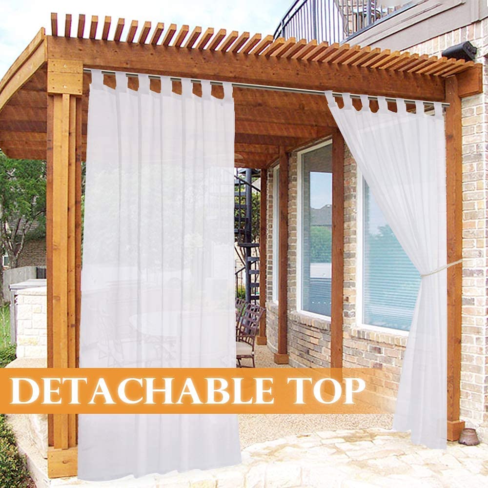 RYB HOME Sheer Outdoor Curtains - Detachable Sticky Tab Top Waterproof White Sheer Curtains for Patio Gazebo Porch Pool Case Indoor Outdoor Decor, 1 Gift Rope, 54 x 120 inch Long - WoodArtSupply