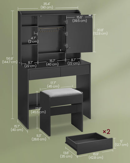 VASAGLE Vanity Desk with Mirror and Lights, Makeup Vanity with Upholstered Vanity Stool, Dimmable LED Lights, Adjustable Shelves, 7 Compartments, 2 Drawers, for Bedroom, Ink Black URDT131B01 - WoodArtSupply