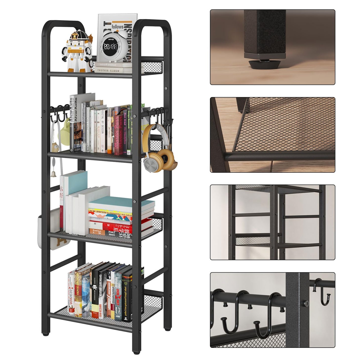 YMYNY 4 Tier Bookshelf, Freestanding Bookcase for Living Room, Bedroom, Home Office, Multi-Functional Storage Rack Organizer, Display Rack with Metal Frame, Rust Resistance, Black, UHBC054B