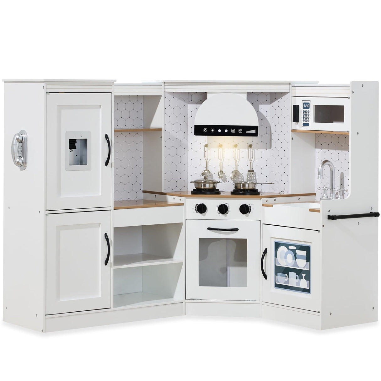 Best Choice Products Pretend Play Corner Kitchen, Ultimate Interactive Wooden Kids Playset w/Lights & Sounds, Ice Maker, Hood - Farmhouse White Best Choice Products