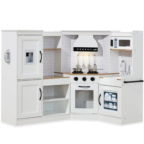 Best Choice Products Pretend Play Corner Kitchen, Ultimate Interactive Wooden Kids Playset w/Lights & Sounds, Ice Maker, Hood - Farmhouse White Best Choice Products