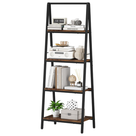 YIJIALEA Ladder Shelf, 4-Tier Leaning Ladder Bookshelf, Rustic and Wood Ladder Shelf Bookcase, Industrial Ladder Shelf Storage Rack for Home Office, Bedroom, Bathroom or Kitchen, Vintage Brown Homeiju