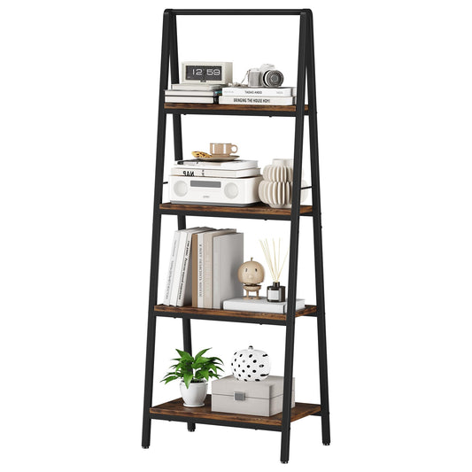 YIJIALEA Ladder Shelf, 4-Tier Leaning Ladder Bookshelf, Rustic and Wood Ladder Shelf Bookcase, Industrial Ladder Shelf Storage Rack for Home Office, Bedroom, Bathroom or Kitchen, Vintage Brown