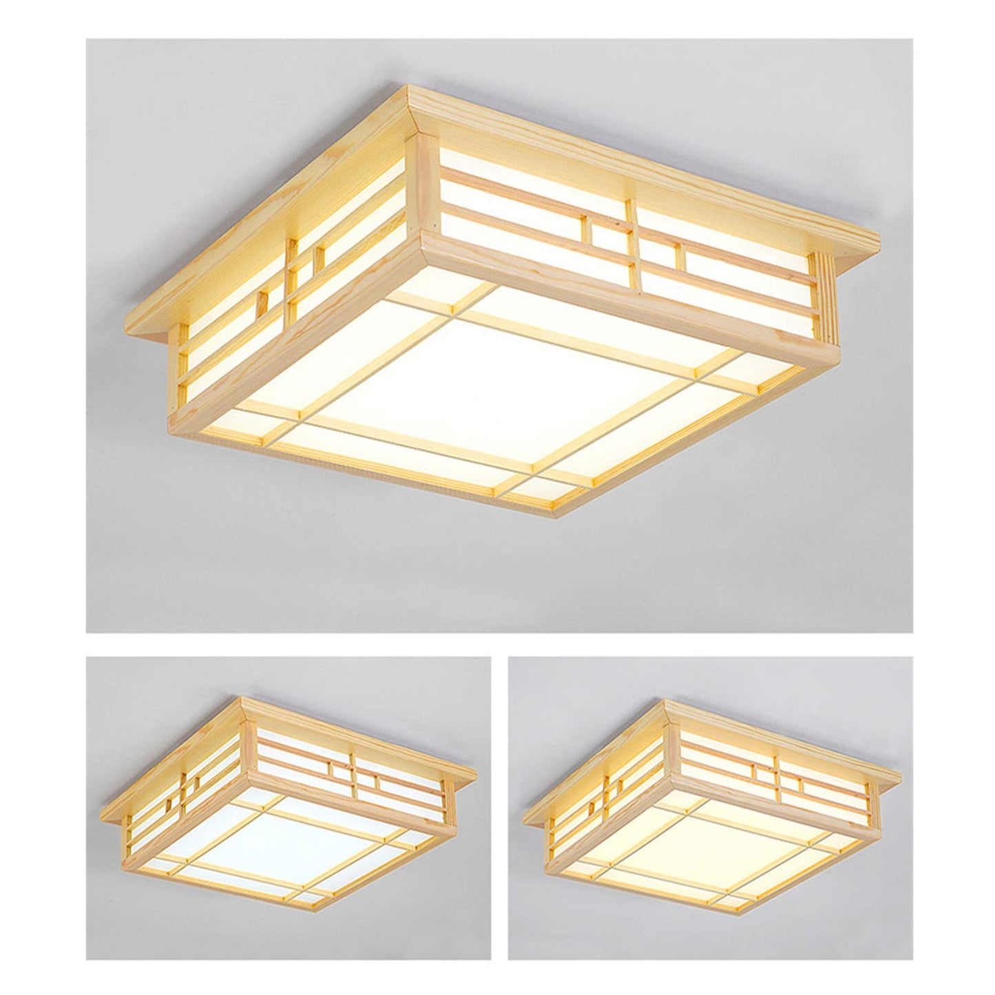 Japanese Style Square Wood Ceiling Light Fixture with LED Lamps, 110V Remote Control Dimmer Light Perfect for Bedroom, Living Room, Dining Room, and Kitchen (35x35cm) - WoodArtSupply