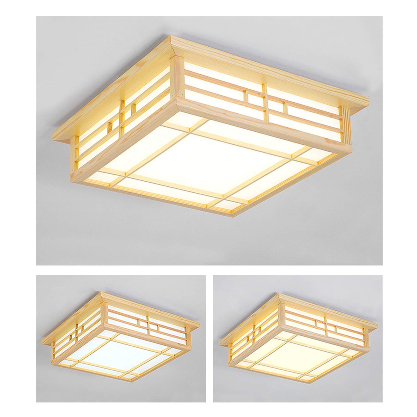 Japanese Style Square Wood Ceiling Light Fixture with LED Lamps, 110V Remote Control Dimmer Light Perfect for Bedroom, Living Room, Dining Room, and Kitchen (35x35cm) - WoodArtSupply