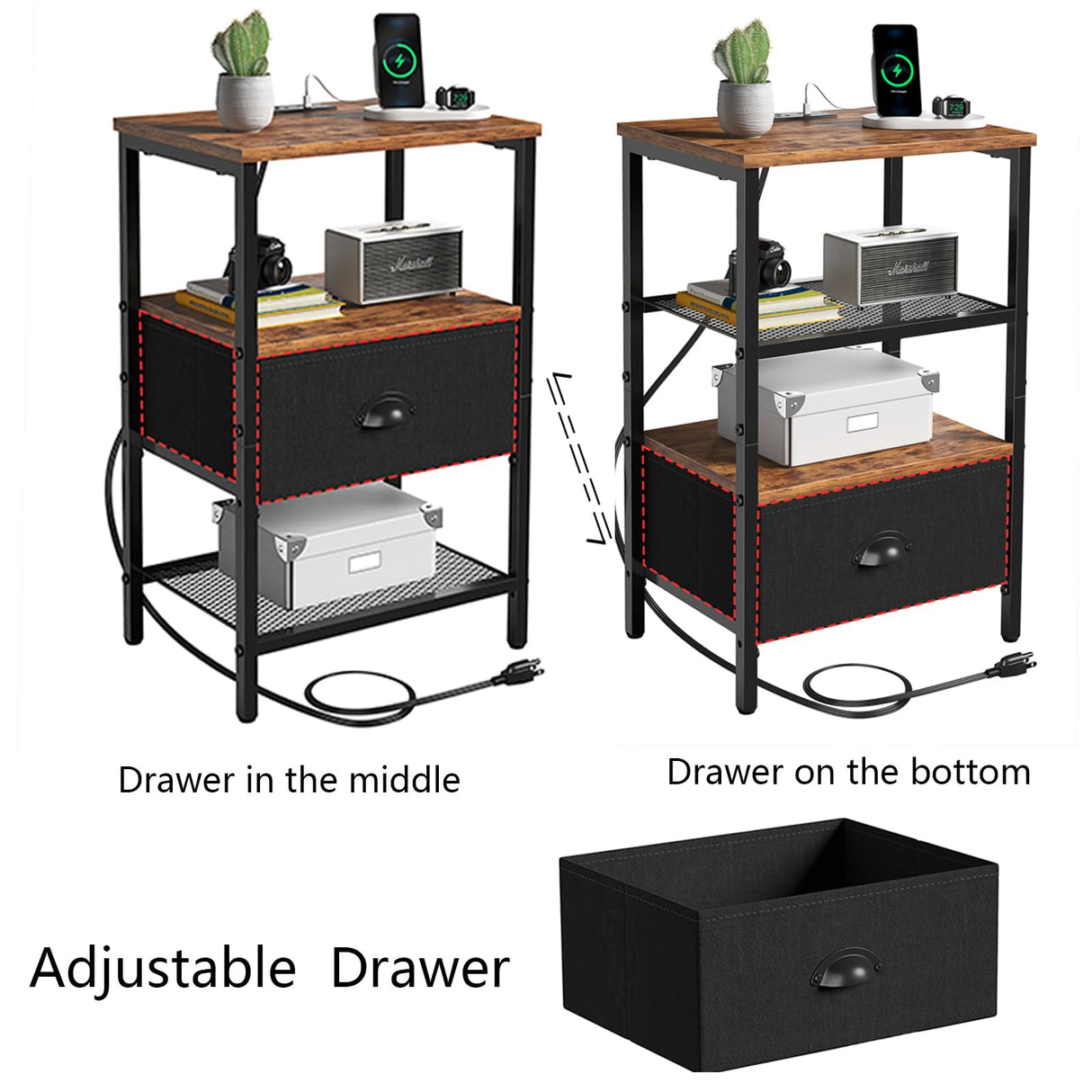 Sthmec Nightstands with Charging Station, LED Bedside Tables with Charging Station and Fabric Drawer, Night Stand with Storage, 3 Tier Side Table with Open Shelf,Nightstand Bedside Table,Rustic Brown WoodArtSupply
