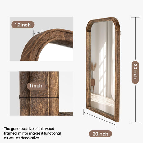 Acovy 20"x30" Solid Wood Bathroom Mirror Arch Tempered Glass for Wall Mounted, Rustic Wood Frame Wall Mirror Decorative for Living Room Bedroom Vanity Mirror Entryway Mirror, Rustic Brown Acovy