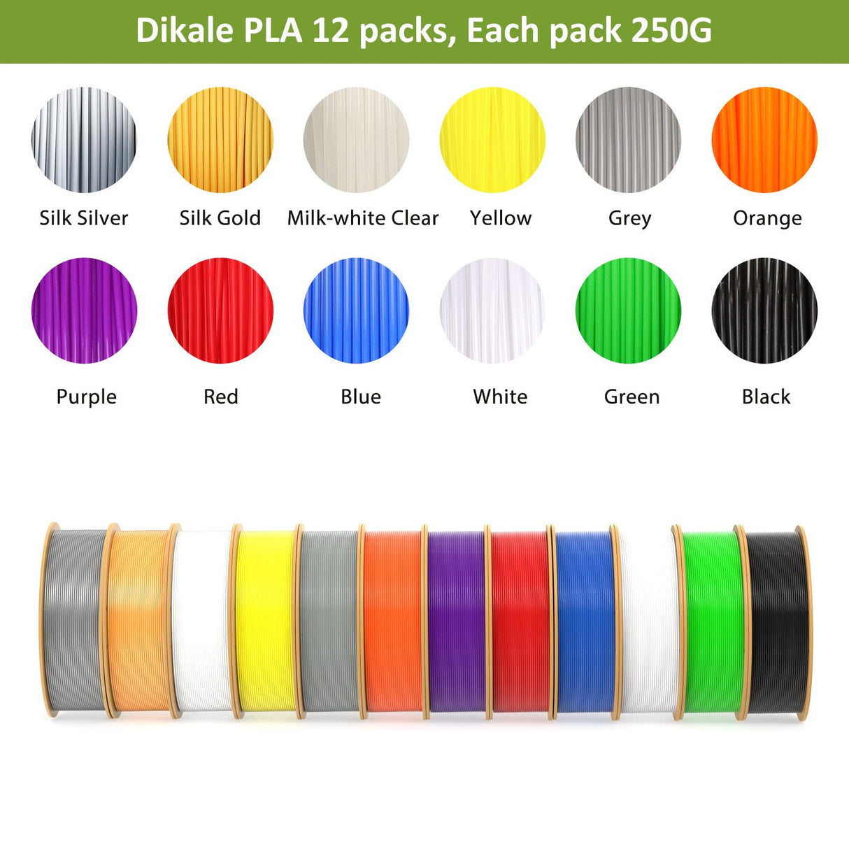 dikale PLA+ 3D Printer Filament 1.75mm No Tangle, Net Weight 250g Spool, 12 Packs, PLA Pro Plus, 12 Assorted Multiple Colors, Total 3KG Material dikale