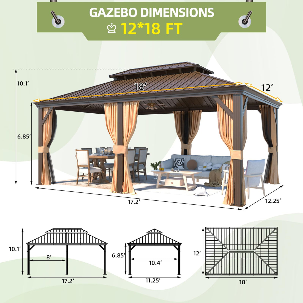 MELLCOM 12' x 18' Hardtop Gazebo,Galvanized Steel Metal Double Roof Gazebo with Curtain and Netting,Brown Permanent Pavilion Gazebo with Aluminum Frame for Patios,Gardens,Lawns MELLCOM