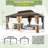 MELLCOM 12' x 18' Hardtop Gazebo,Galvanized Steel Metal Double Roof Gazebo with Curtain and Netting,Brown Permanent Pavilion Gazebo with Aluminum Frame for Patios,Gardens,Lawns MELLCOM