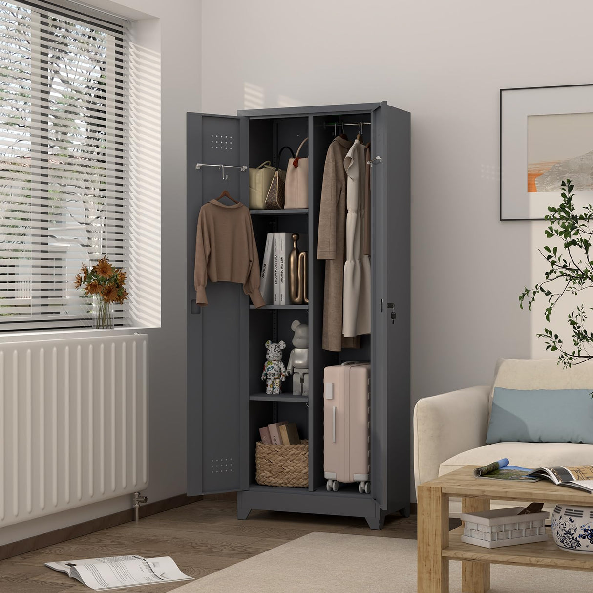 GREATMEET 65" H Metal Garage Storage Cabinets with Lock Door and Adjustable Shelves,Grey Broom Closet Storage Cabinet for Cleaning Supplies for Garage, Bathroom,Kitchen,Home GREATMEET