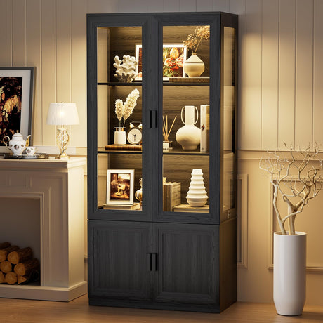 BROTTAR Display Cabinet with Glass Doors, Curio Cabinet with 3 Shelves, Bookcase with LED Lights, Storage Cabinet with Magnetic Lock & Buffer Hinge BROTTAR