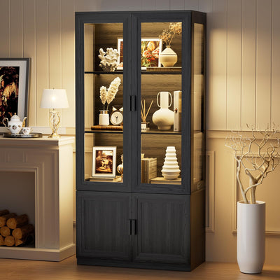 BROTTAR Display Cabinet with Glass Doors, Curio Cabinet with 3 Shelves, Bookcase with LED Lights, Storage Cabinet with Magnetic Lock & Buffer Hinge