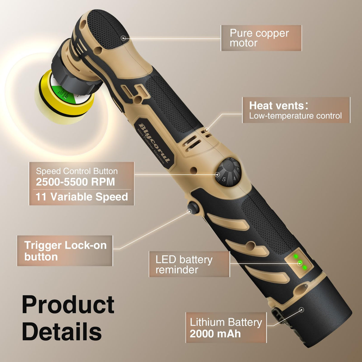 Blycorul Cordless Mini Polisher,1/1.5/2Inch Micro Polisher,DA&RO Cordless Polisher with 11 Variable Speed 2500-6000 RPM,2 * 2.0Ah Rechargeable Batteries,Polisher for Car Detailing,Polishing,Cleaning Blycorul