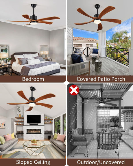 60 Inch Ceiling Fans with Lights Remote Control, Modern Ceiling Fan 5 Blades Wood Fan for Outdoor, 3 Downrods, ETL Listed, Timer, 6 Speeds Reversible Quiet Dc Motor for Patios Forrovenco