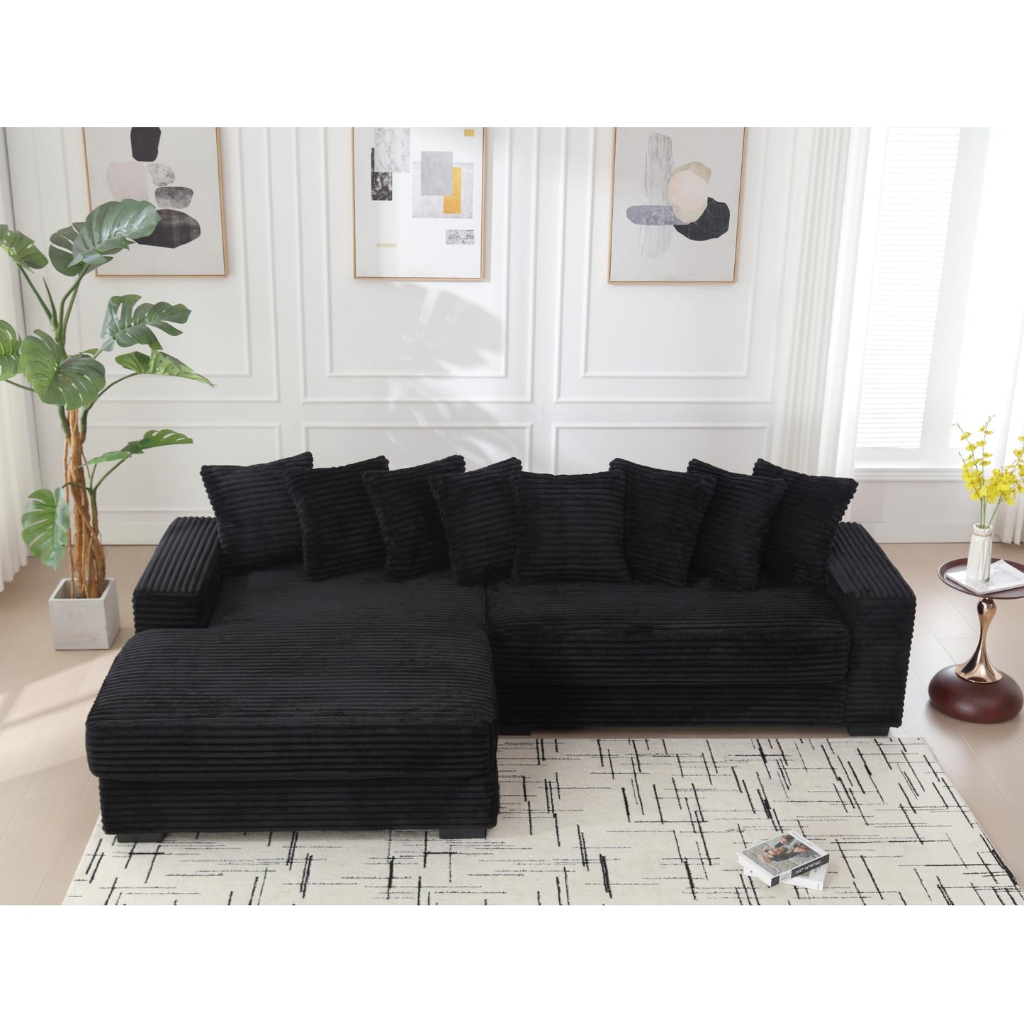 UPYOOE 111'' Modern Sectional Sofa, L-Shaped Corduroy Couch with Left Chaise Daybed, Extra-Wide Oversized Lounge, 8 Pillows, Corner Sofa Set for Living Room, Apartment, Office, Hotel, Bedroom, Black